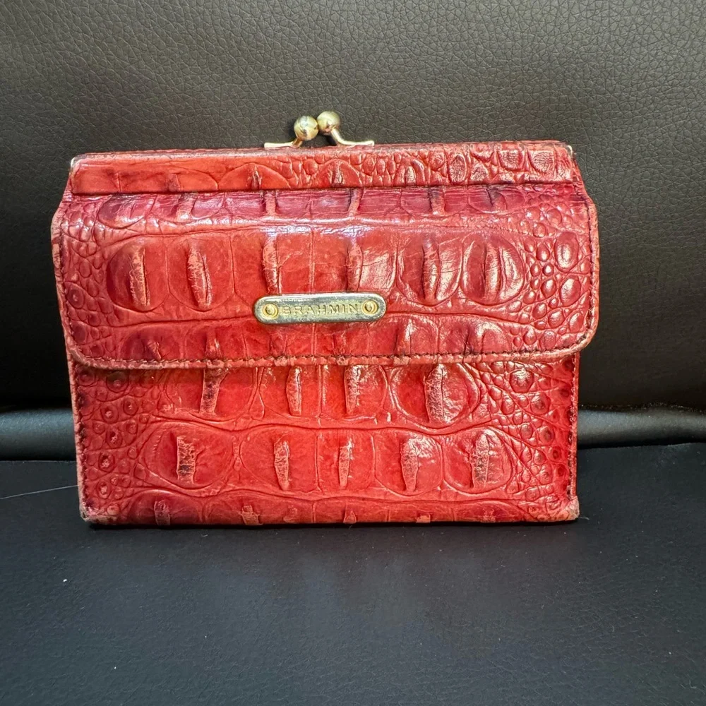 Brahmin Croc Embossed Red Leather Coin Snap Wallet